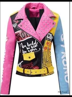 Faux Leather Jacket for Women Studded Rivet Floral Moto Biker Short Lapel Coat